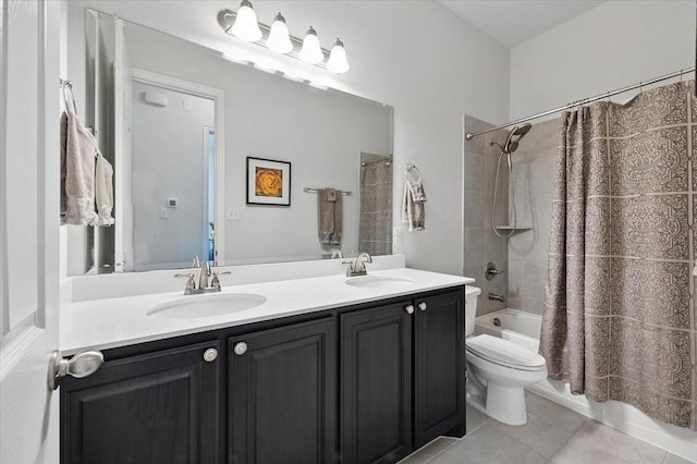 5009 Chisholm View Dr, Fort Worth, TX 76123 - full bathroom with shower / bath combination with curtain, tile patterned floors, double vanity, and toilet