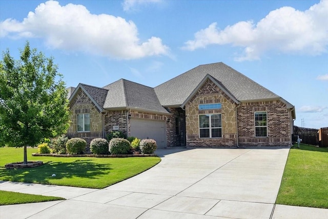 5009 Chisholm View Dr, Fort Worth, TX 76123 - french provincial home with concrete driveway, stone siding, and roof with shingles