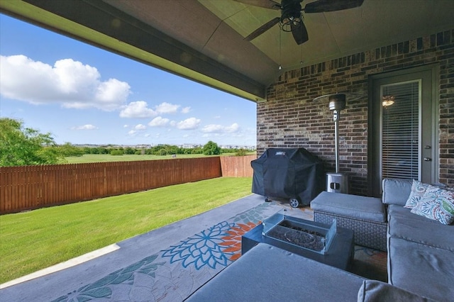 5009 Chisholm View Dr, Fort Worth, TX 76123 - view of patio featuring ceiling fan, an outdoor living space with a fire pit, and area for grilling
