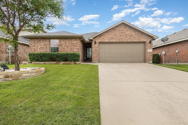 12604 Ocean Spray Dr, Frisco, TX 75036 - ranch-style house with an attached garage, concrete driveway, a front lawn, brick siding, and roof with shingles