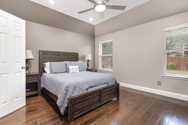 12604 Ocean Spray Dr, Frisco, TX 75036 - bedroom featuring dark wood finished floors, baseboards, recessed lighting, ceiling fan, and vaulted ceiling