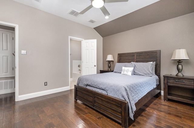 12604 Ocean Spray Dr, Frisco, TX 75036 - bedroom featuring lofted ceiling, wood finished floors, baseboards, connected bathroom, and ceiling fan