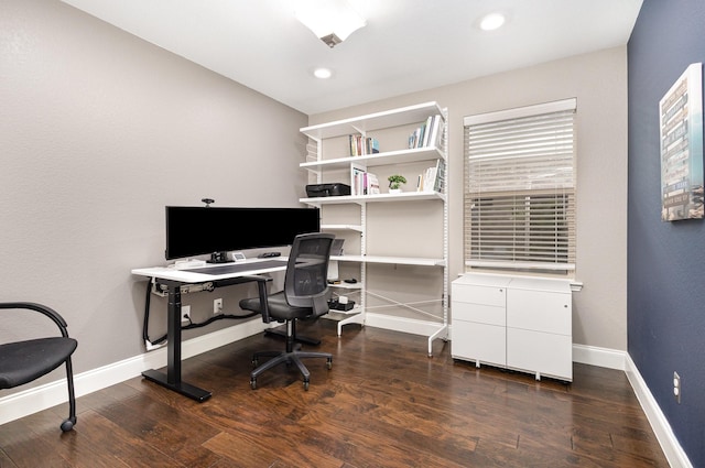 12604 Ocean Spray Dr, Frisco, TX 75036 - office area featuring baseboards, dark wood-type flooring, and recessed lighting