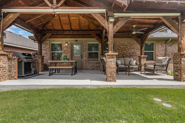 12604 Ocean Spray Dr, Frisco, TX 75036 - view of patio / terrace featuring a gazebo, an outdoor living space, ceiling fan, and a grill
