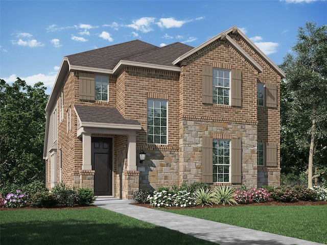 view of front facade with stone siding, brick siding, and a front lawn