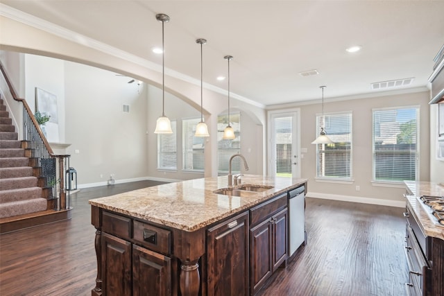 kitchen featuring a sink, dark wood-style floors, stainless steel appliances, dark brown cabinets, and crown molding