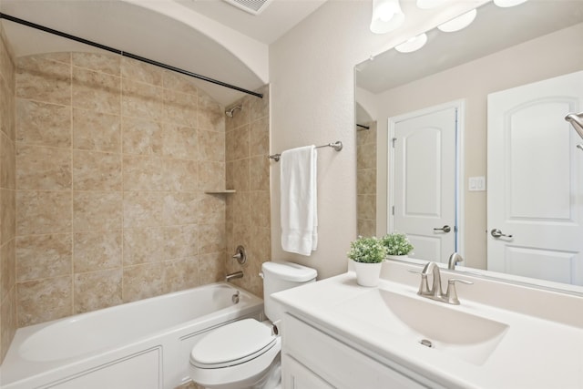 full bath with toilet, shower / tub combination, and vanity