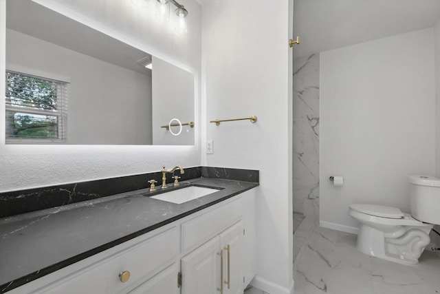 4512 Starlight Dr, Haltom City, TX 76117 - full bathroom with marble finish flooring, toilet, vanity, baseboards, and a marble finish shower