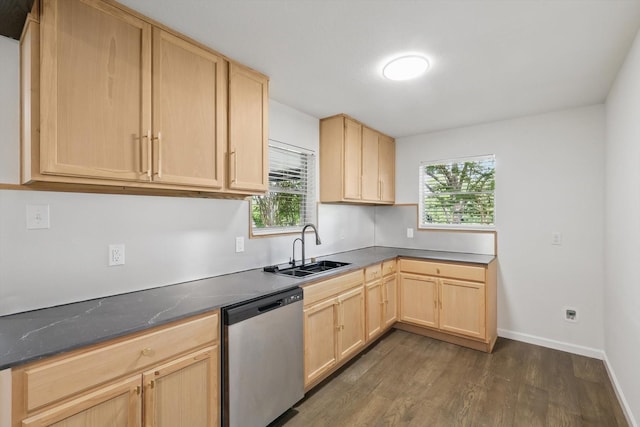4512 Starlight Dr, Haltom City, TX 76117 - kitchen with stainless steel dishwasher, light brown cabinetry, a sink, dark wood-style floors, and dark countertops
