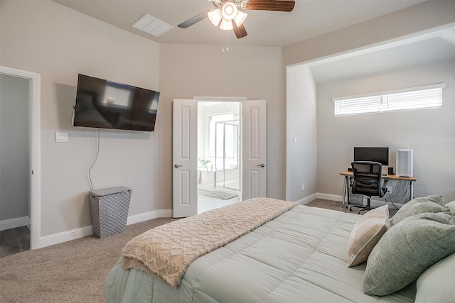bedroom featuring carpet, baseboards, and ceiling fan