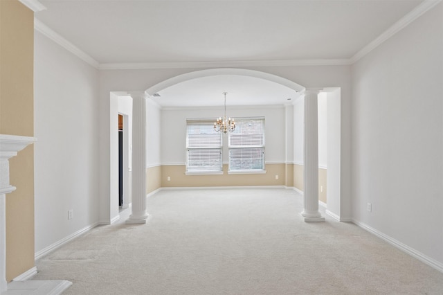 2701 Royal Troon Dr, Plano, TX 75025 - carpeted empty room with arched walkways, crown molding, a chandelier, ornate columns, and baseboards
