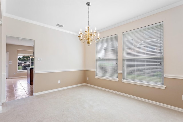 2701 Royal Troon Dr, Plano, TX 75025 - tiled spare room with a chandelier, carpet floors, crown molding, and baseboards