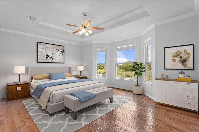 2701 Royal Troon Dr, Plano, TX 75025 - bedroom with a tray ceiling, multiple windows, light wood-type flooring, baseboards, and crown molding