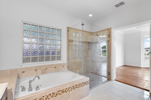 2701 Royal Troon Dr, Plano, TX 75025 - full bathroom with a shower stall, a garden tub, tile patterned flooring, and recessed lighting