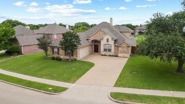 2701 Royal Troon Dr, Plano, TX 75025 - french country style house with concrete driveway, brick siding, an attached garage, a front yard, and roof with shingles