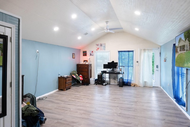 2135 Custer Dr, Dallas, TX 75216 - office space featuring a ceiling fan, wood finished floors, lofted ceiling, and baseboards