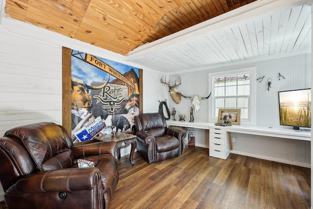 3206 S Fm 51, Decatur, TX 76234 - living room with wood ceiling, hardwood / wood-style flooring, radiator heating unit, an office area, and wallpapered walls