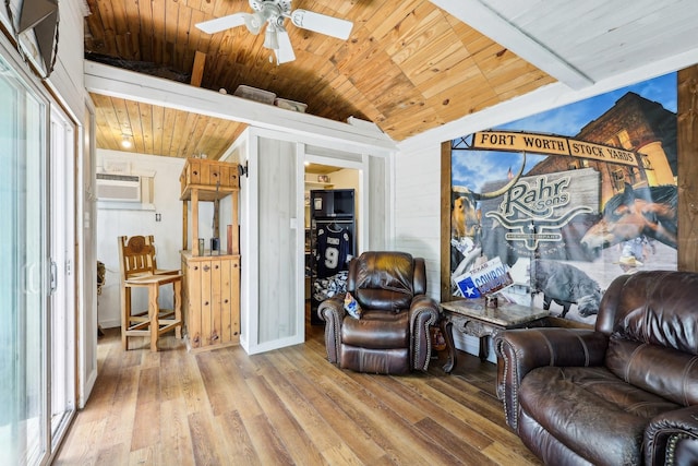 3206 S Fm 51, Decatur, TX 76234 - living room with lofted ceiling, wooden ceiling, a ceiling fan, an AC wall unit, and wood finished floors