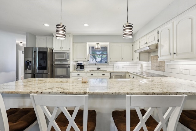 3206 S Fm 51, Decatur, TX 76234 - kitchen featuring stainless steel appliances, a sink, a peninsula, light stone countertops, and under cabinet range hood