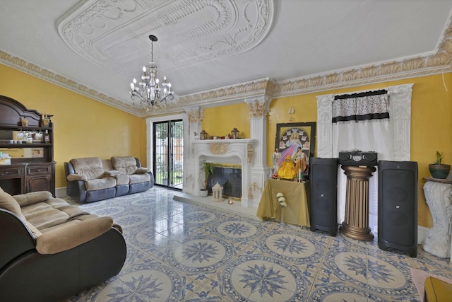 10227 Oak Gate Ln, Dallas, TX 75217 - living area with a chandelier, tile patterned flooring, crown molding, a glass covered fireplace, and a raised ceiling