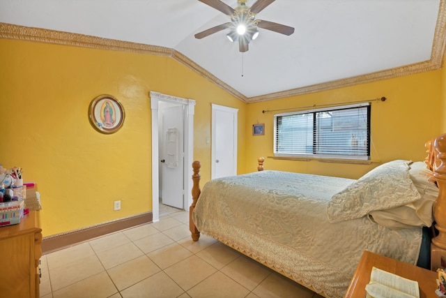 10227 Oak Gate Ln, Dallas, TX 75217 - bedroom with lofted ceiling, light tile patterned floors, baseboards, ornamental molding, and ceiling fan