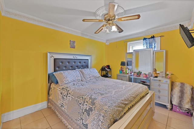 10227 Oak Gate Ln, Dallas, TX 75217 - bedroom featuring light tile patterned floors, ornamental molding, a ceiling fan, and baseboards