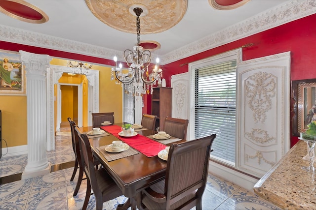 10227 Oak Gate Ln, Dallas, TX 75217 - tiled dining room with ornate columns, a chandelier, baseboards, and arched walkways