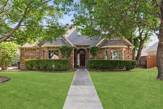 view of front of home with roof with shingles and brick siding
