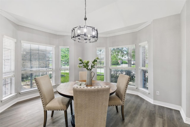dining area featuring a chandelier, baseboards, wood finished floors, and ornamental molding