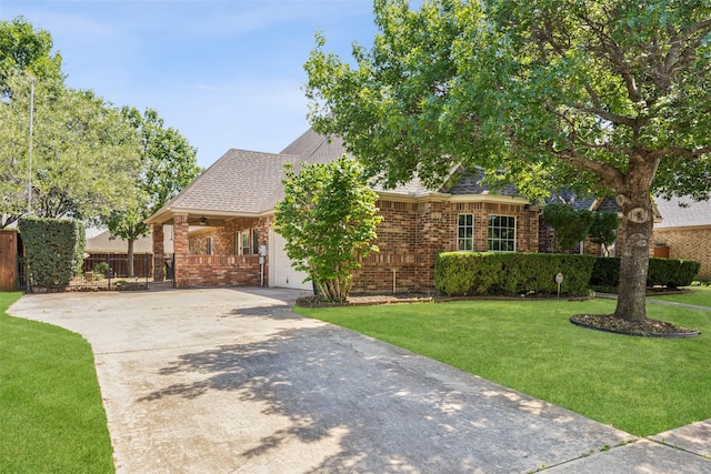 view of front of house with brick siding, concrete driveway, a ceiling fan, an attached garage, and a shingled roof