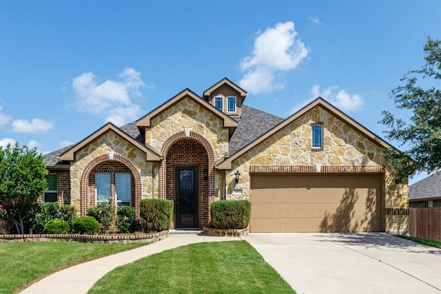 1002 Star Grass Dr, Mansfield, TX 76063 - french country home featuring stone siding, concrete driveway, a garage, and brick siding