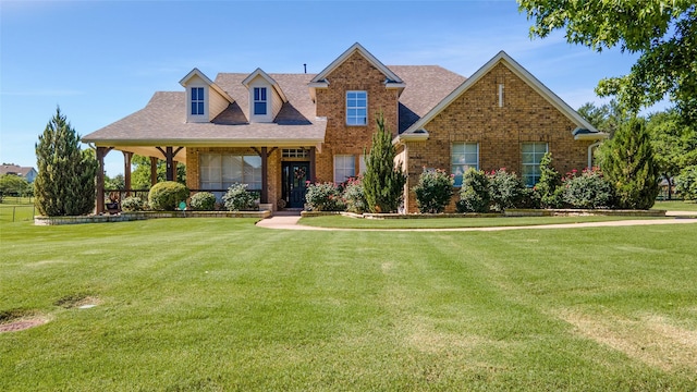 view of front facade with brick siding, a front yard, and a shingled roof