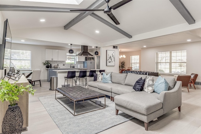 7728 La Bolsa, Dallas, TX 75248 - living room with recessed lighting, light wood finished floors, a ceiling fan, a chandelier, and plenty of natural light