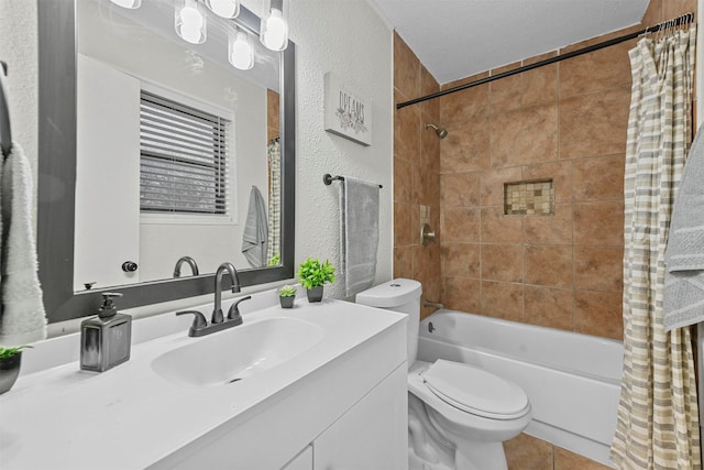 1846 Oak Hill Cir, Dallas, TX 75217 - full bathroom featuring a textured wall, toilet, shower / tub combo, tile patterned flooring, and vanity