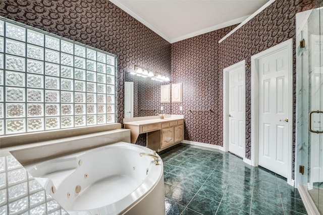 full bath with ornamental molding, wallpapered walls, a stall shower, vanity, and a whirlpool tub