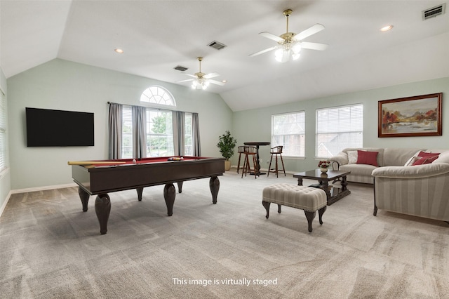 recreation room featuring lofted ceiling, healthy amount of natural light, pool table, light carpet, and baseboards
