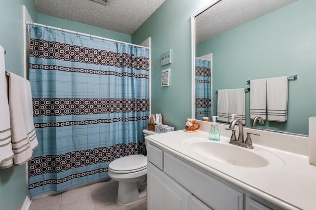 full bathroom with a textured ceiling, toilet, vanity, tile patterned flooring, and a shower with shower curtain