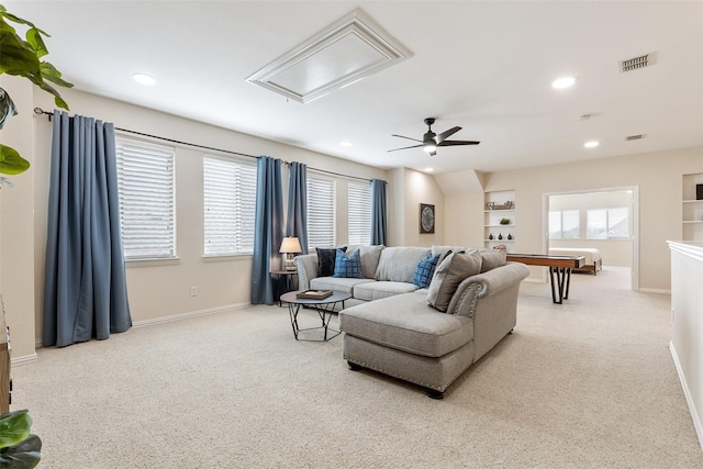 409 Rosemont Ln, Fairview, TX 75069 - living room featuring attic access, a ceiling fan, carpet flooring, recessed lighting, and baseboards