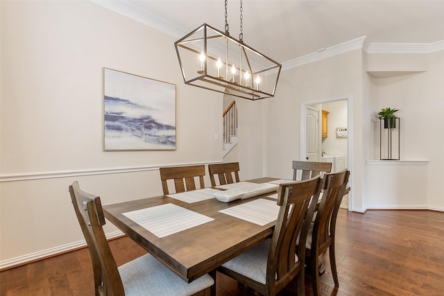 409 Rosemont Ln, Fairview, TX 75069 - dining area with ornamental molding, wood-type flooring, baseboards, stairs, and a chandelier