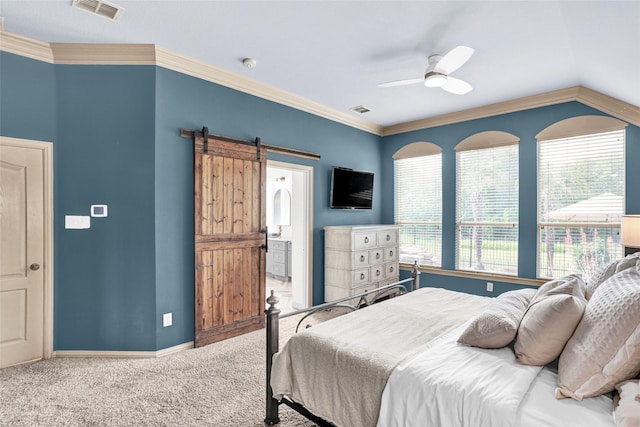 5250 Pueblo Ln, Frisco, TX 75034 - carpeted bedroom with a barn door, baseboards, ceiling fan, ensuite bathroom, and vaulted ceiling