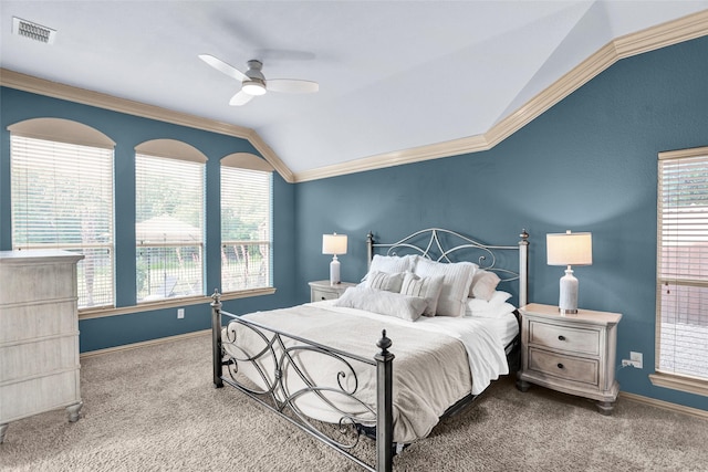 5250 Pueblo Ln, Frisco, TX 75034 - carpeted bedroom featuring lofted ceiling, crown molding, multiple windows, baseboards, and a ceiling fan