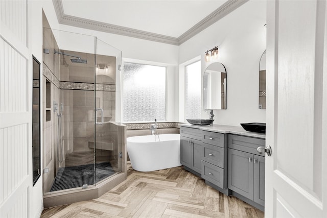 5250 Pueblo Ln, Frisco, TX 75034 - full bath with a shower stall, ornamental molding, double vanity, and a soaking tub