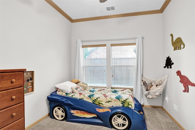 5250 Pueblo Ln, Frisco, TX 75034 - carpeted bedroom with ornamental molding, baseboards, and ceiling fan