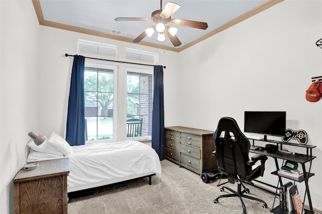 5250 Pueblo Ln, Frisco, TX 75034 - bedroom featuring light colored carpet, ornamental molding, an office area, and a ceiling fan
