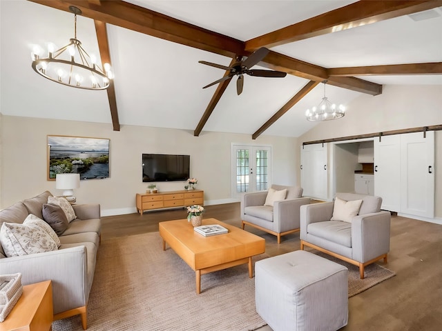8 Woodmoor Cir, Lucas, TX 75002 - living room featuring a chandelier, baseboards, a ceiling fan, a barn door, and french doors