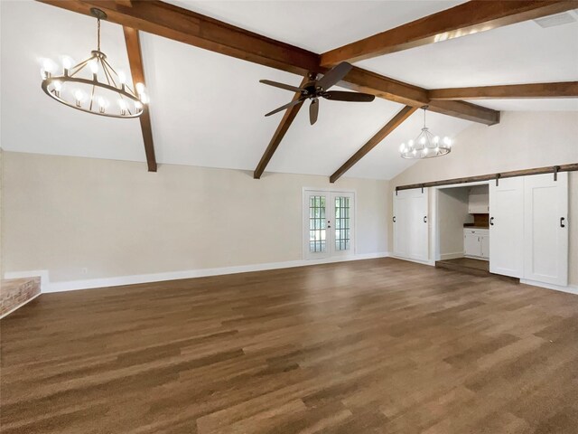 8 Woodmoor Cir, Lucas, TX 75002 - unfurnished living room featuring a chandelier, a ceiling fan, baseboards, french doors, and dark wood-type flooring