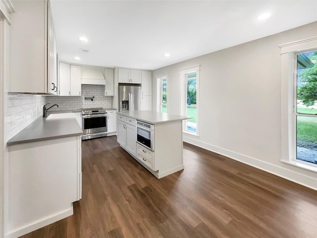 8 Woodmoor Cir, Lucas, TX 75002 - kitchen featuring appliances with stainless steel finishes, dark wood-style flooring, tasteful backsplash, custom range hood, and baseboards