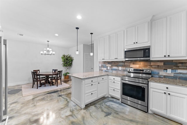 555 Advance Rd, Weatherford, TX 76088 - kitchen with stainless steel appliances, backsplash, a peninsula, white cabinets, and a chandelier