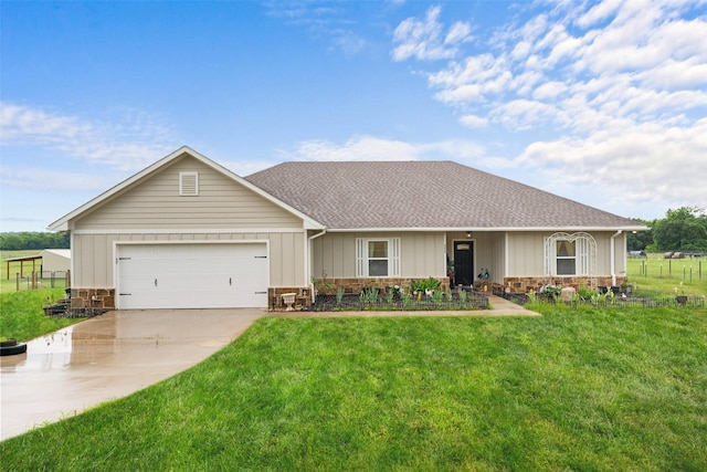 555 Advance Rd, Weatherford, TX 76088 - ranch-style house with driveway, a front lawn, a garage, roof with shingles, and stone siding