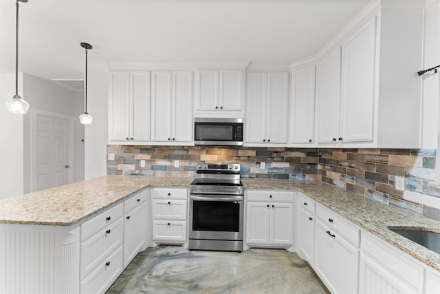 555 Advance Rd, Weatherford, TX 76088 - kitchen with stainless steel appliances, a peninsula, tasteful backsplash, and white cabinetry